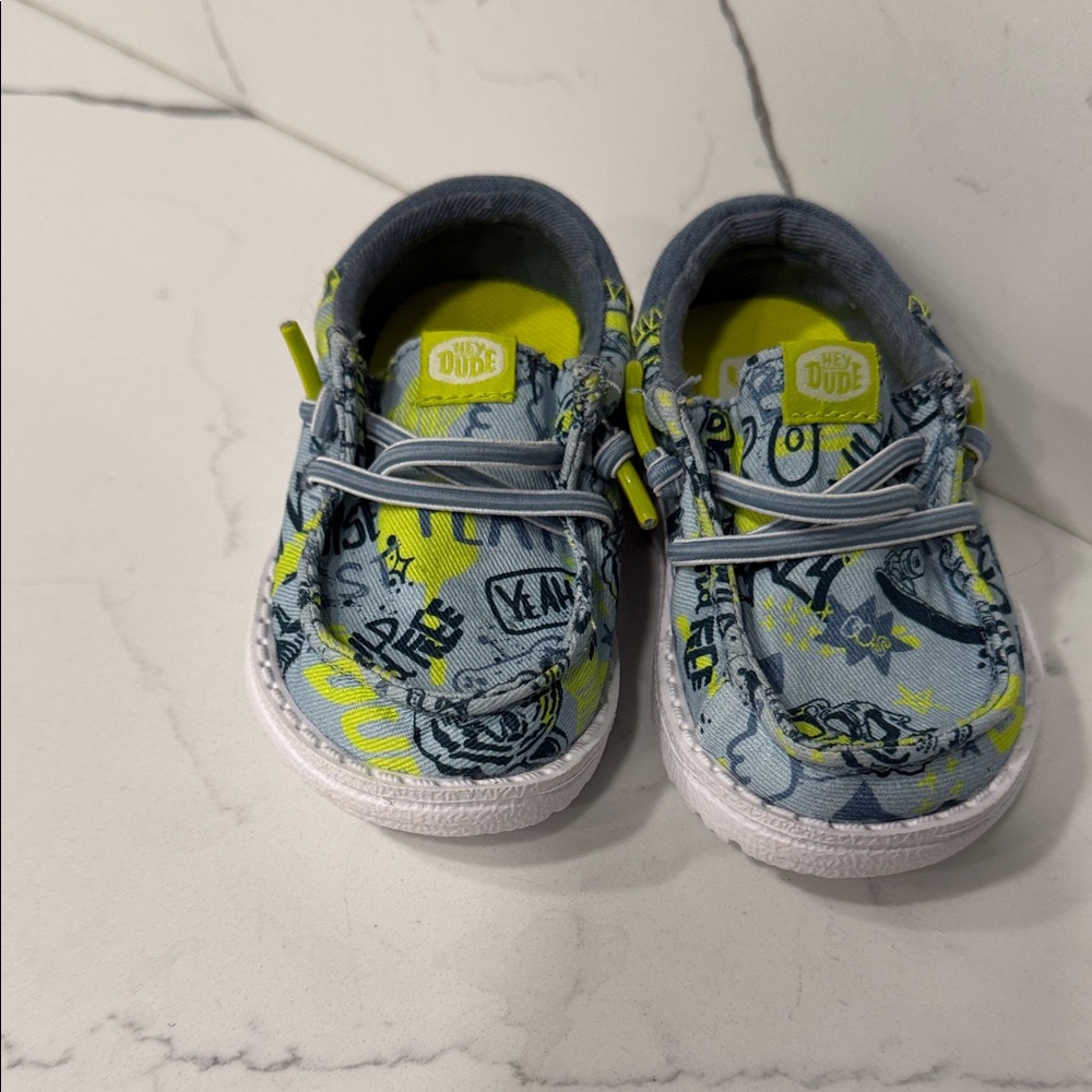 Hey Dude Kids Graphic Blue and Neon Moccasins